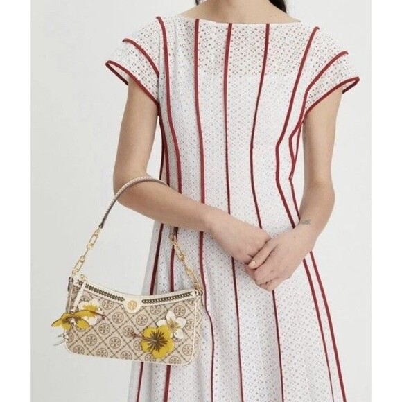Tory Burch T Monogram Studio Shoulder Bag Hazelnut Floral Appliqué Crossbody NWT - Picture 6 of 6